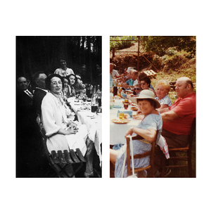 diptyque : une grande famille attablée. A gauche, photo en noir et blancdes années 40 ou 50, à droite photo couleur des années 70 ou 80