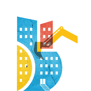 l'ombre d'un bulldoser planne sur un immeuble