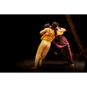 deux danseuses, une en rouge et l'autre en jaune, s'enlacent sur scène