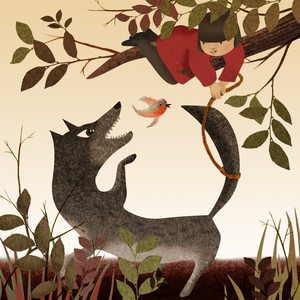 Un dessin d'un loup qui essaye d'attrapper un enfant caché dans un arbre