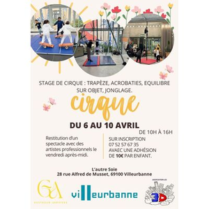 Illustration Stage de cirque : trapèze, acrobaties, équilibre sur objet, jonglage.